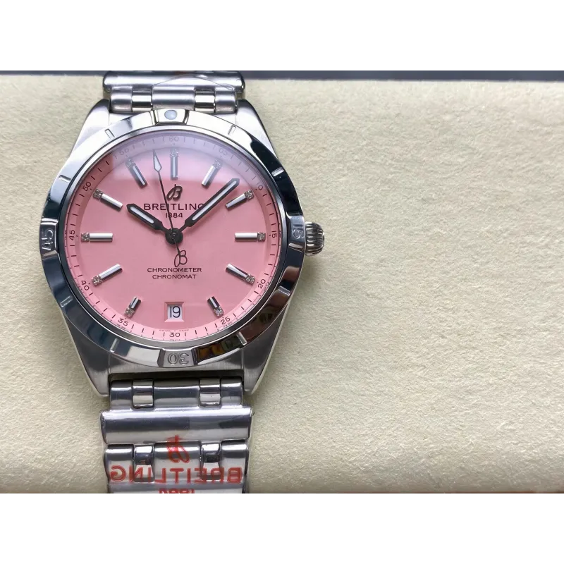 Breitling Chronomat Dames A77310101K1A1 Replica - Roze Wijzerplaat Geribbelde Lunette