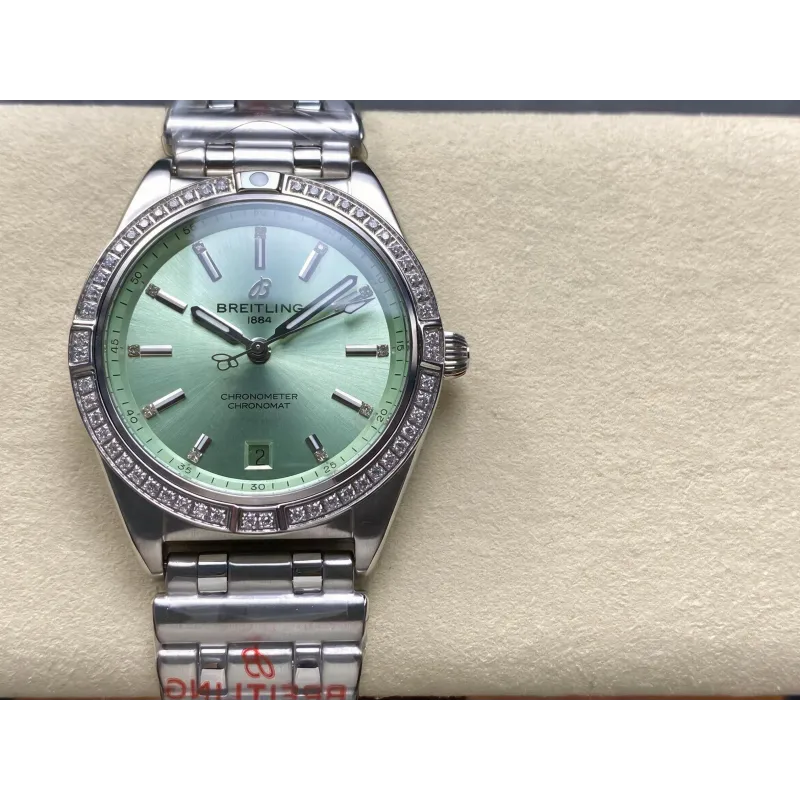 Breitling Chronomat Dames A10380591L1A1 Replica - Mintgroene Wijzerplaat Geribbelde Lunette