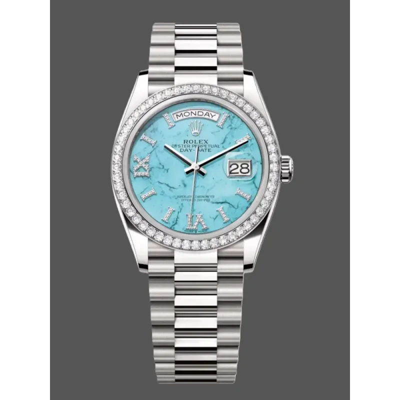Rolex Day-Date 36 Uniseks 128349RBR Replica - Turquoise Wijzerplaat Diamanten Lunette