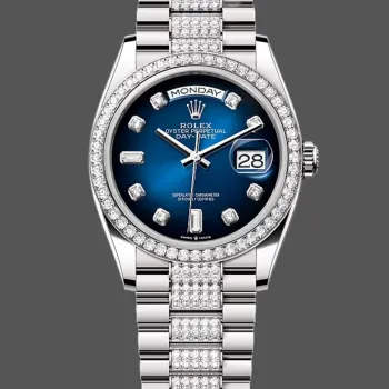 Rolex Day-Date 36 Uniseks 128349RBR Replica - Blauwe Wijzerplaat Diamanten Lunette