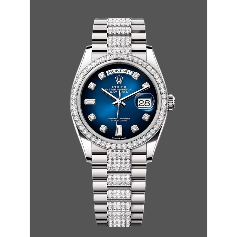 Rolex Day-Date 36 Uniseks 128349RBR Replica - Blauwe Wijzerplaat Diamanten Lunette