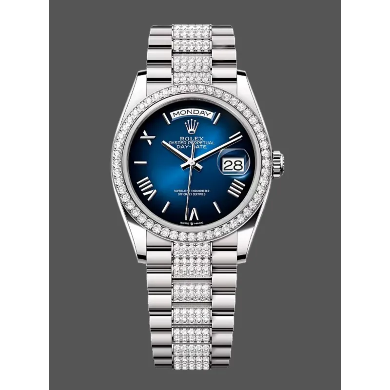 Rolex Day-Date 36 Uniseks 128349RBR Replica - Blauwe Wijzerplaat Diamanten Lunette
