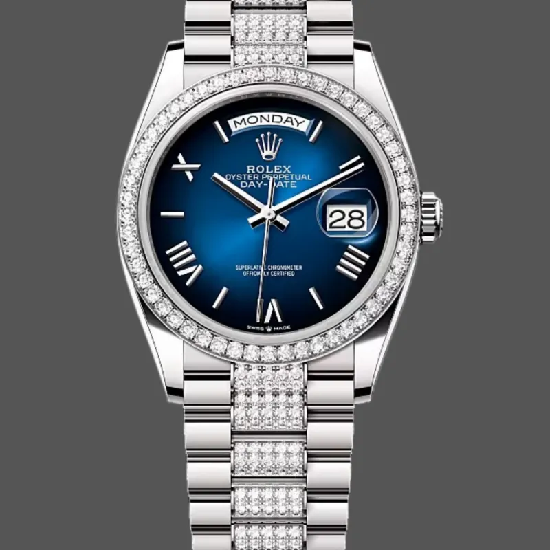 Rolex Day-Date 36 Uniseks 128349RBR Replica - Blauwe Wijzerplaat Diamanten Lunette