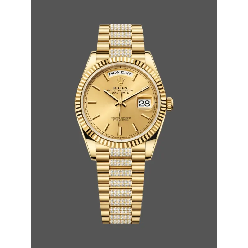 Rolex Day-Date 36 Uniseks 128238 Replica - Champagne Wijzerplaat Geribbelde Lunette