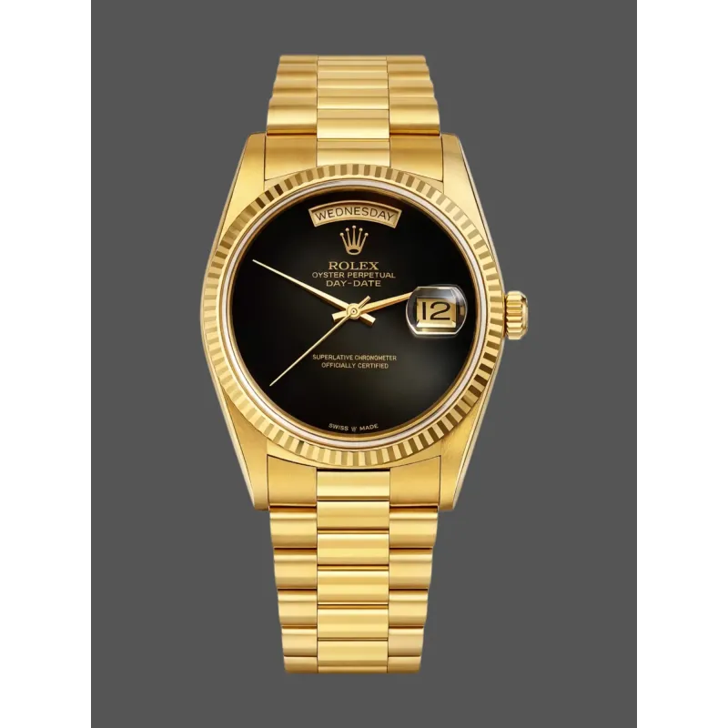Rolex Day-Date 36 Uniseks 18038 Replica - Zwarte Wijzerplaat Geribbelde Lunette