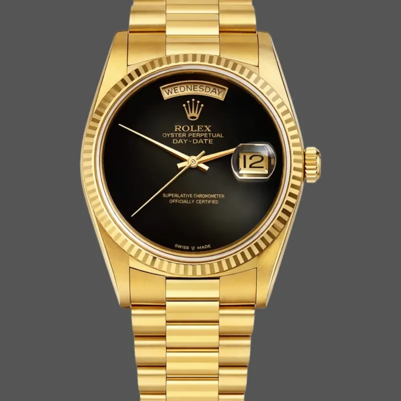 Rolex Day-Date 36 Uniseks 18038 Replica - Zwarte Wijzerplaat Geribbelde Lunette