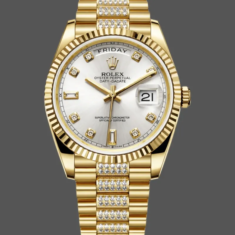 Rolex Day-Date 36 Uniseks 128238 Replica - Zilveren Wijzerplaat Geribbelde Lunette