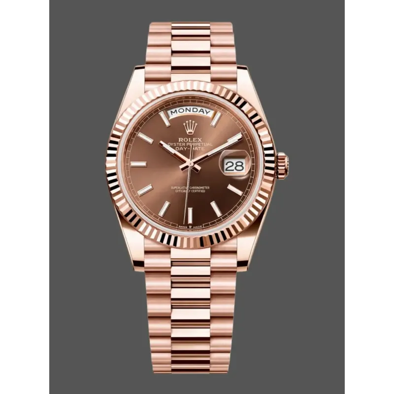 Rolex Day-Date 40 228235 Replica - Chocoladebruine Wijzerplaat Geribbelde Lunette