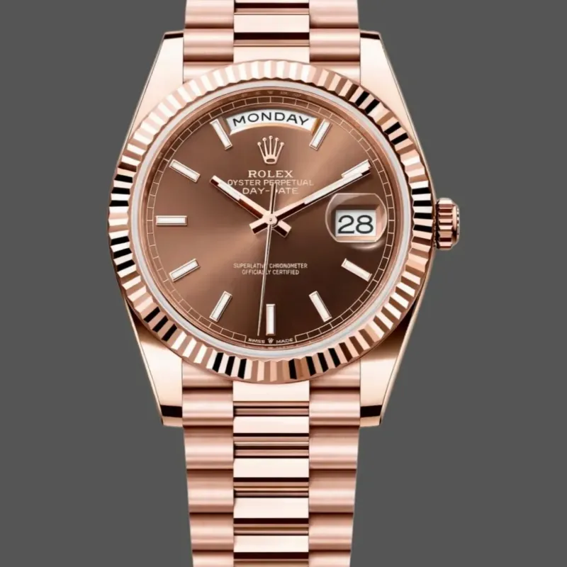 Rolex Day-Date 40 228235 Replica - Chocoladebruine Wijzerplaat Geribbelde Lunette