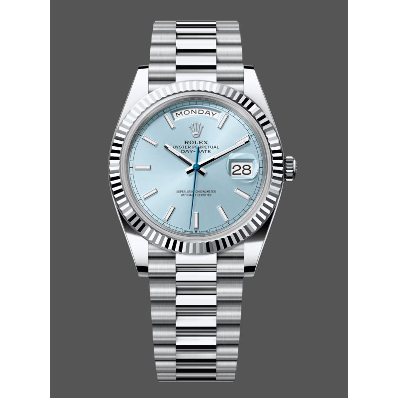 Rolex Day-Date 228236 Replica - IJsblauwe Wijzerplaat Geribbelde Lunette