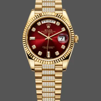 Rolex Day-Date 36 Uniseks 128238 Replica - Rode Wijzerplaat Geribbelde Lunette