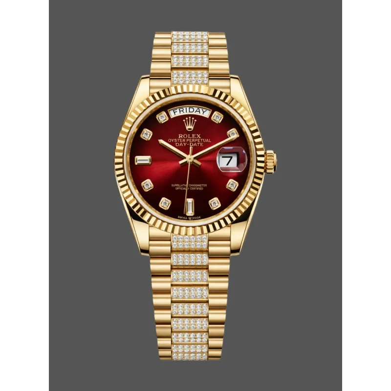 Rolex Day-Date 36 Uniseks 128238 Replica - Rode Wijzerplaat Geribbelde Lunette
