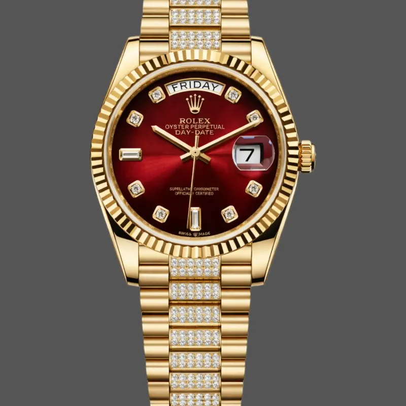 Rolex Day-Date 36 Uniseks 128238 Replica - Rode Wijzerplaat Geribbelde Lunette