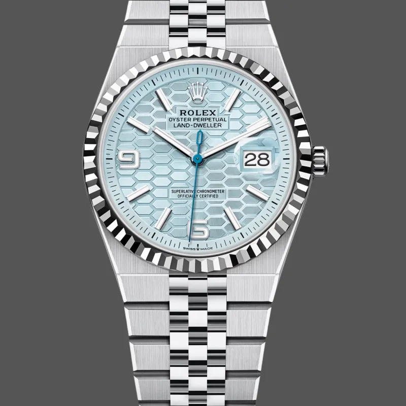 Rolex Land Dweller Uniseks 127236 Replica - IJsblauwe Wijzerplaat Geribbelde Lunette