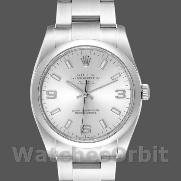 Replica Rolex Oyster Perpetual Air-King-114200, 34 mm, zilver Arabische wijzerplaat, unisex zilver