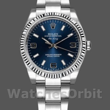 Replica Rolex Oyster Perpetual Air-King 34mm Unisex-114234-Blauwe wijzerplaat-Gefluteerd witgouden ring Blauw