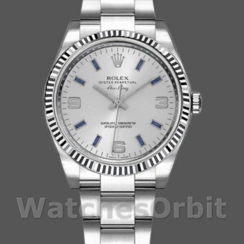 Replica Rolex Oyster Perpetual Air-King 34mm Unisex-114234-Blauwe uurmarkeringen-Zilveren wijzerplaat Zilver