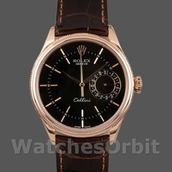 Replica Rolex Cellini Date 39mm Heren-50515-Bruin Leer-Zwarte Index Wijzerplaat Zwart