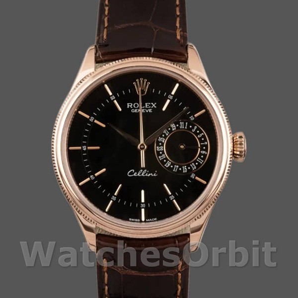 Replica Rolex Cellini Date 39mm Heren-50515-Bruin Leer-Zwarte Index Wijzerplaat Zwart