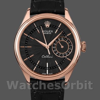 Replica Rolex Cellini Date 39mm Heren-50515-Rose Gold-Black Index Dial Zwart<br />
