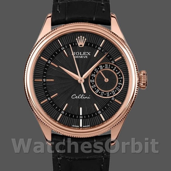 Replica Rolex Cellini Date 39mm Heren-50515-Rose Gold-Black Index Dial Zwart<br />