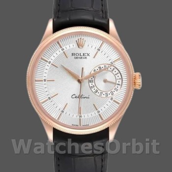 Replica Rolex Cellini Date 39mm Heren-50515-Rose Gold-Silver Guilloche Index Dial Zilver