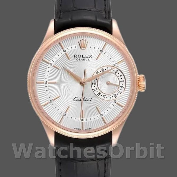 Replica Rolex Cellini Date 39mm Heren-50515-Rose Gold-Silver Guilloche Index Dial Zilver