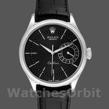 Replica Rolex Cellini Date 39mm Heren-50519-Zwart leer-Zwarte wijzerplaat Zwart