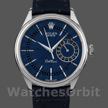 Replica Heren Rolex Cellini Date-50519, 39mm, Blauwe Wijzerplaat, Blauw Leren Band, Herenblauw