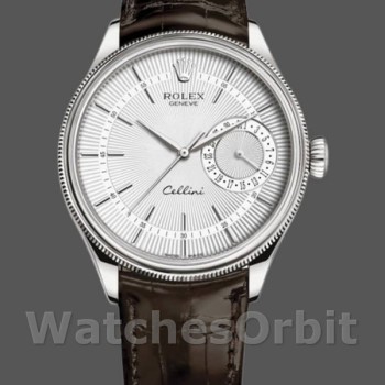 Replica Rolex Cellini Date 39mm Heren-50519-Bruin Leer-Zilveren Wijzerplaat Zilver