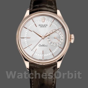 Replica Rolex Cellini Date 39mm Heren-50515-Rose Goud-Zilver-Krokodillenleren Band Wit