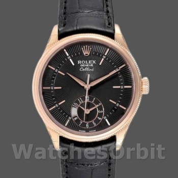 Replica Rolex Cellini Dual Time 39mm Heren-50525-Zwarte Wijzerplaat-Zwarte Leren Band Zwart