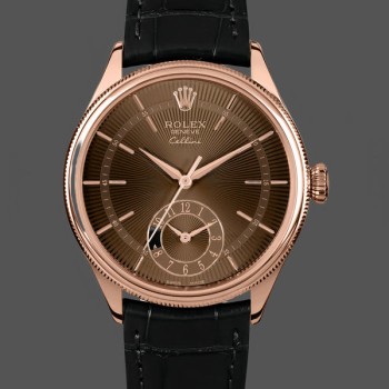 Replica Rolex Cellini Dual Time 39mm Heren-50525-Bruin Guilloche Wijzerplaat-Zwarte Leren Band Bruin