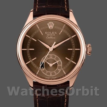 Replica Rolex Cellini Dual Time 39mm Heren-50525-Bruin Guilloche Wijzerplaat-Bruin Lederen Band Bruin