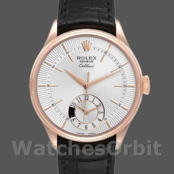 Replica Rolex Cellini Dual Time 39mm Heren-50525-Zilveren wijzerplaat-zwart lederen band Zilver