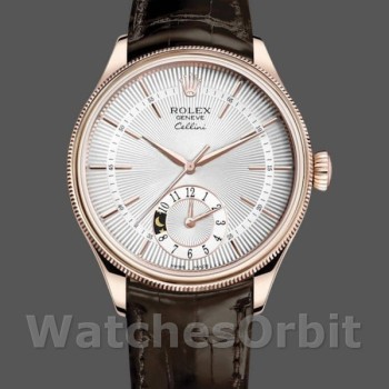 Replica Rolex Cellini Dual Time 39mm Heren-50525-Zilveren wijzerplaat-Bruin leren band Zilver