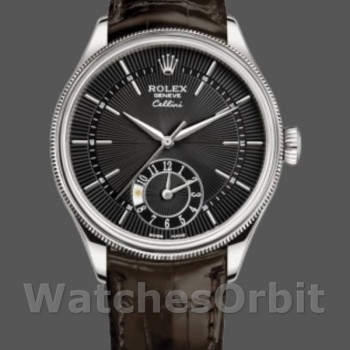 Replica Rolex Cellini Dual Time 39mm Heren-50529-Zwarte Wijzerplaat-Bruin Lederen Band Zwart