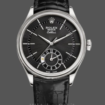 Replica Rolex Cellini Dual Time 39mm Heren-50529-Zwarte Wijzerplaat-Wit Goud Zwart