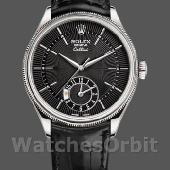 Replica Rolex Cellini Dual Time 39mm Heren-50529-Zwarte Guilloche Wijzerplaat Zwart