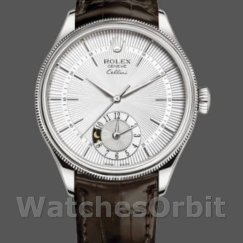 Replica Rolex Cellini Dual Time 39mm Heren-50529-Zilveren Wijzerplaat-Bruine Band Zilver<br />