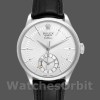 Replica Rolex Cellini Dual Time 39mm Heren-50529-Zilver Sunburst Dial-Zwart lederen band Zilver