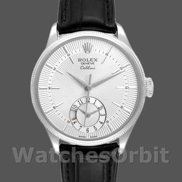 Replica Rolex Cellini Dual Time 39mm Heren-50529-Zilver Sunburst Dial-Zwart lederen band Zilver