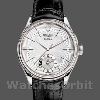 Replica Rolex Cellini Dual Time 39mm Heren-50529-Zilver Sunburst Dial-Bruin Lederen Band Zilver