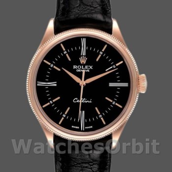 Replica Rolex Cellini Time 39mm Heren-50505-Zwarte Lederen Band-Zwarte Wijzerplaat Zwart