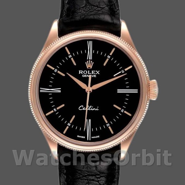 Replica Rolex Cellini Time 39mm Heren-50505-Zwarte Lederen Band-Zwarte Wijzerplaat Zwart
