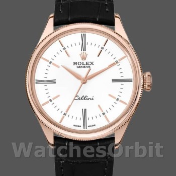 Replica Rolex Cellini Time 39mm Heren-50505-Zwarte Leren Band-Witte Wijzerplaat Wit