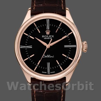 Replica Rolex Cellini Time 39mm Heren-50505-Bruin Lederen Band-Zwarte Wijzerplaat Zwart