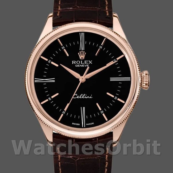 Replica Rolex Cellini Time 39mm Heren-50505-Bruin Lederen Band-Zwarte Wijzerplaat Zwart