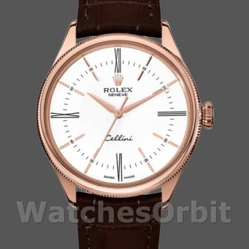 Replica Rolex Cellini Time 39mm Heren-50505-Bruin Leren Band-Witte Wijzerplaat Wit