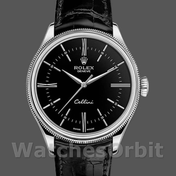 Replica Rolex Cellini Time 39mm Heren-50509-Zwarte Lederen Band-Zwarte Wijzerplaat Zwart